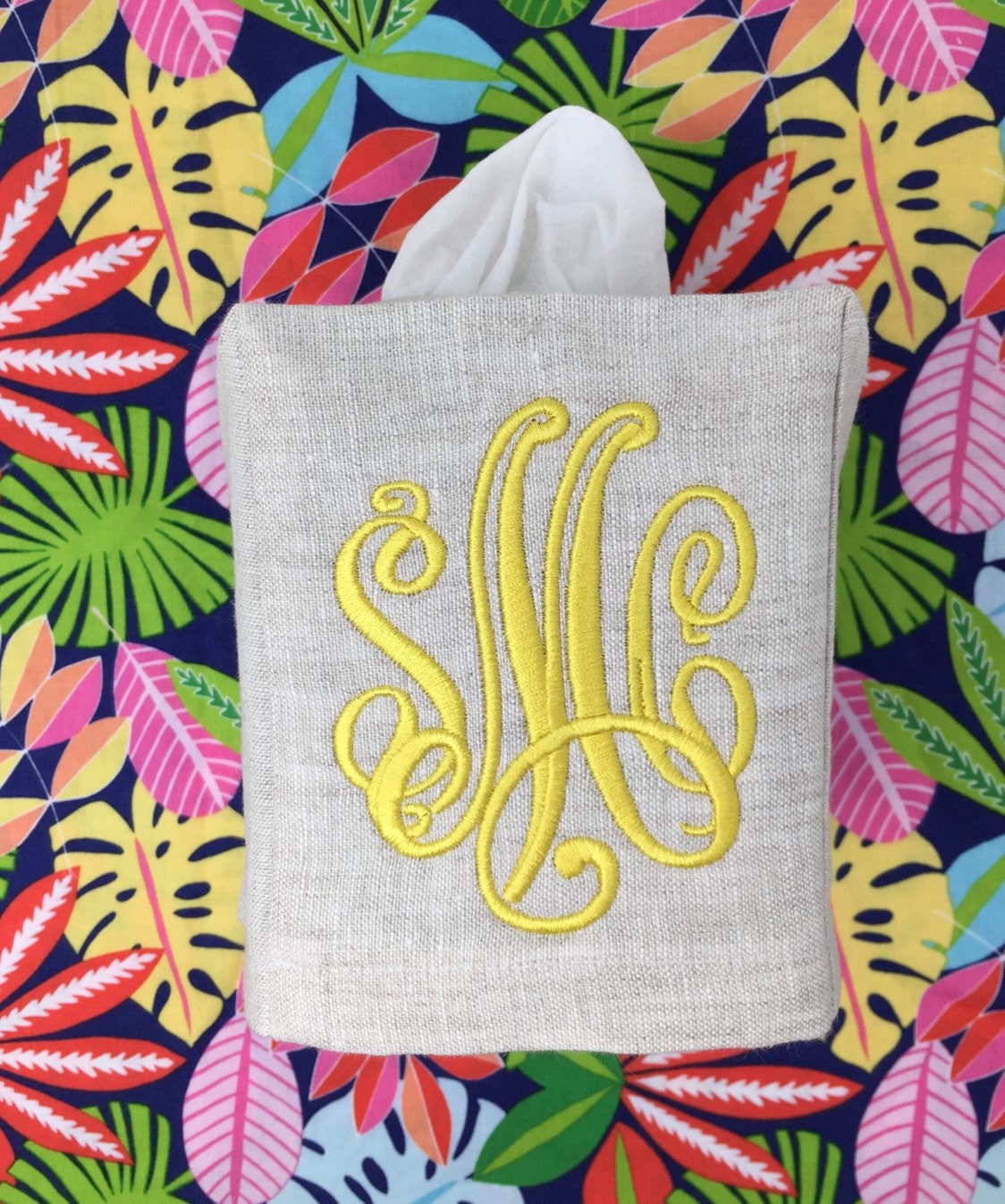 Monogrammed Tissue Box Cover Linen-Victor Monogram, monogrammed gift-personalized gift-hostess gift