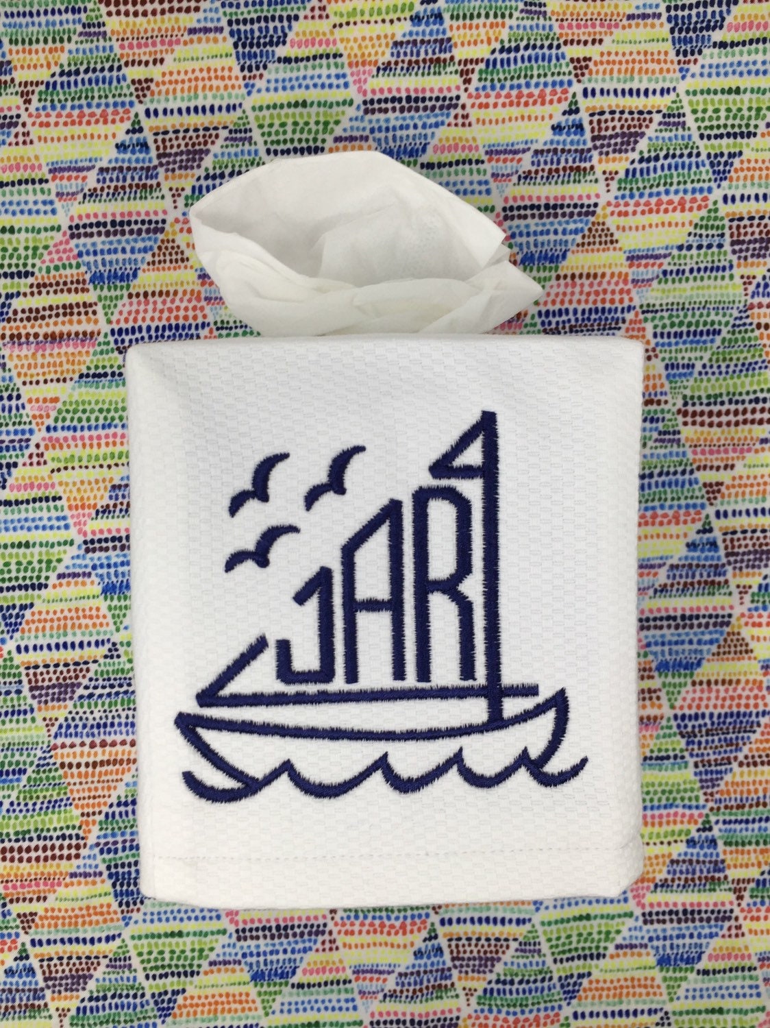 Monogrammed Tissue Box Cover-Sailboat monogram, baby gift-personalized gift