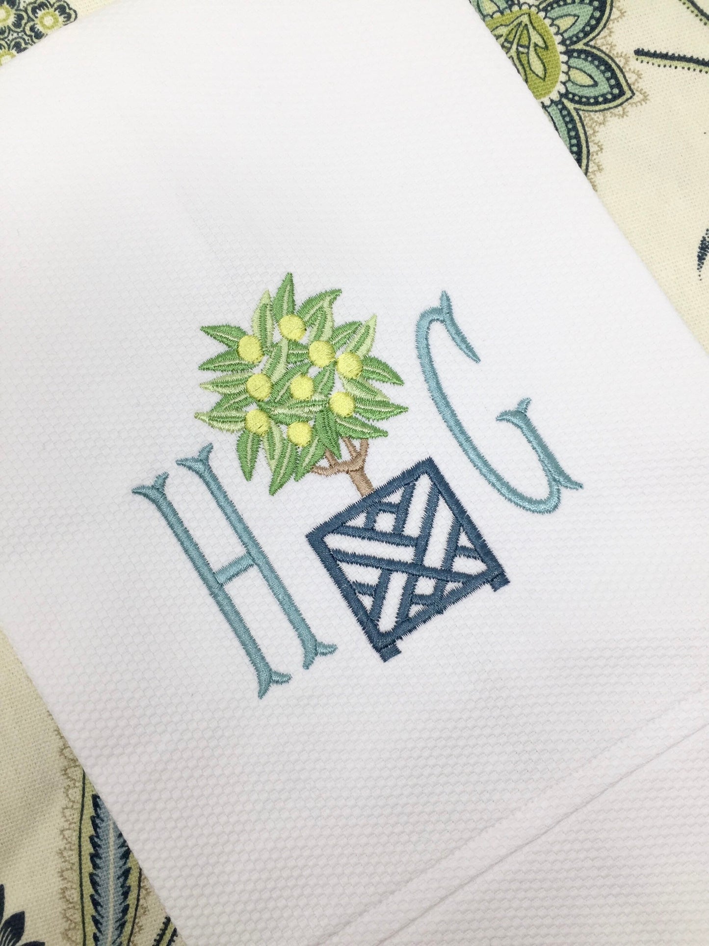 Monogrammed Cotton Pique Tea Towel, Topiary Initials-Hostess Gift, monogrammed linens, personalized gift