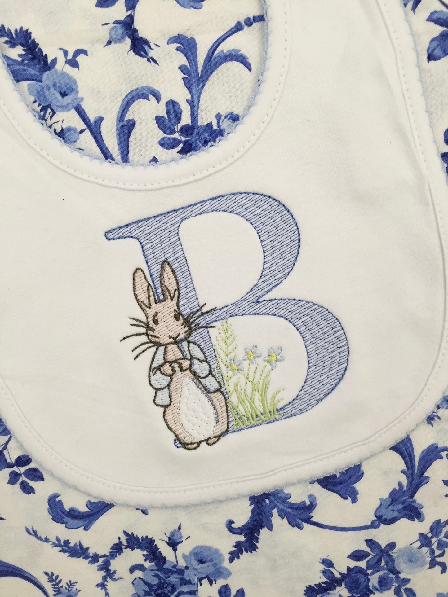 Monogrammed Bunny Initial Bib with Picot Trim, baby shower gift, personalized baby gift, Easter bib