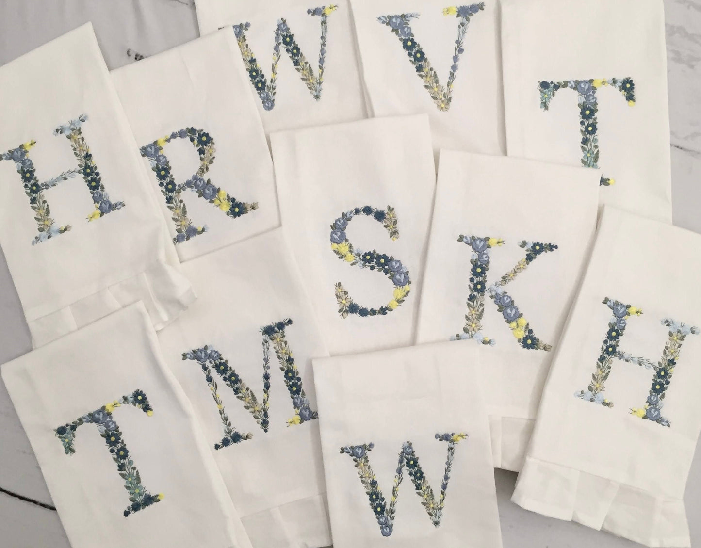 Monogrammed Linen Ruffled Handtowel, Personalized Handtowel Flower Initial, Hostess Gift