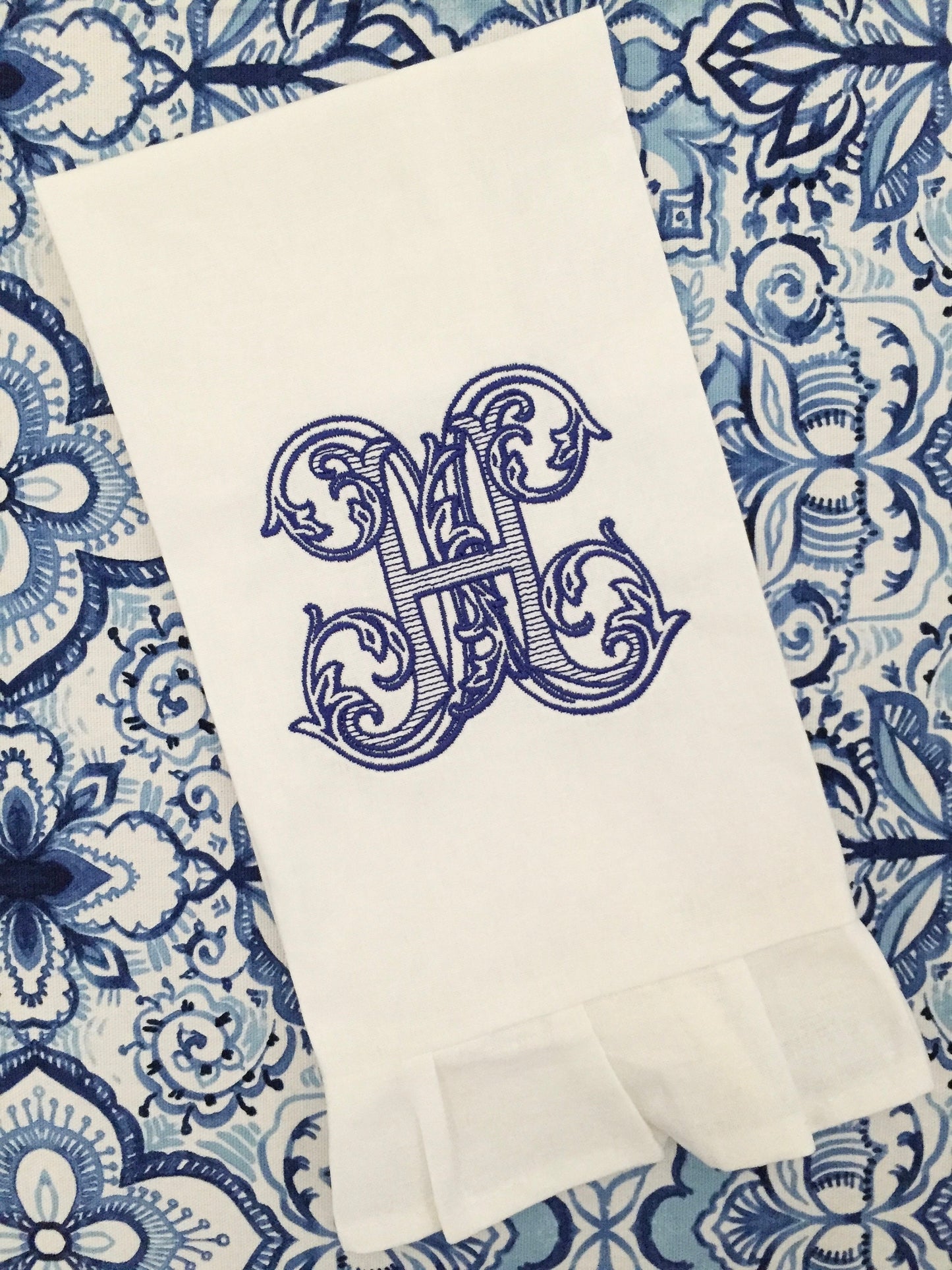 Monogrammed Linen Ruffled Handtowel, Personalized Handtowel Vintage Vine Initial, Hostess Gift