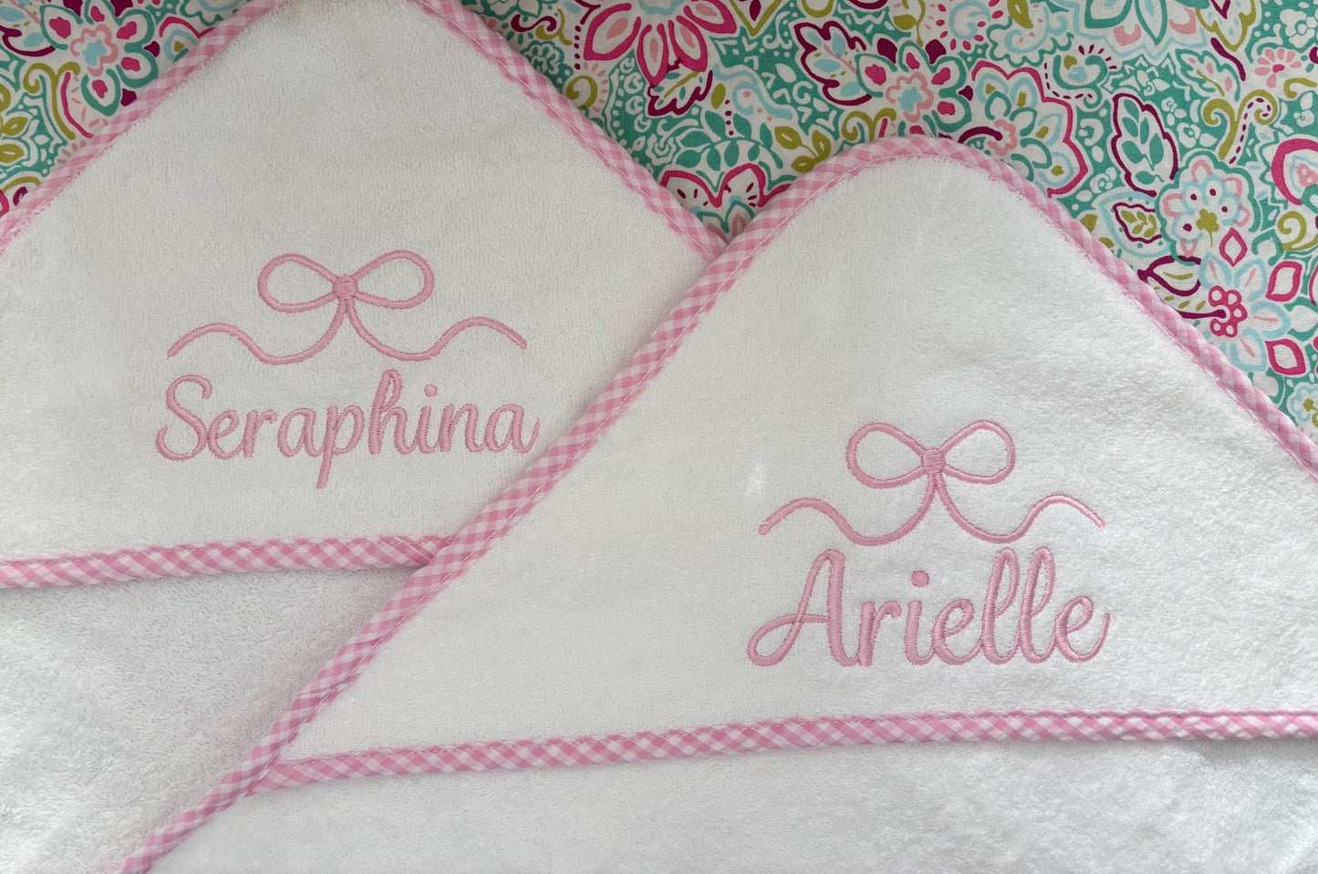 Monogrammed Baby Hooded Towel with Ribbon: Velour Terry, Gingham Trim