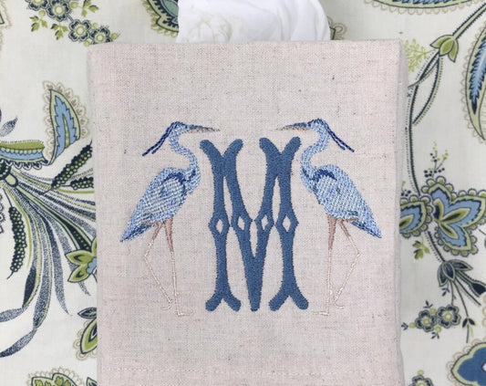 Monogrammed Tissue Box Cover Linen