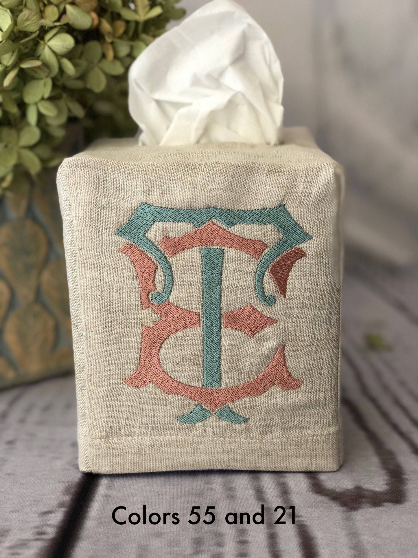 Monogrammed Tissue Box Cover- 2 Letter Heirloom monogram, monogrammed gift-personalized gift-hostess gift