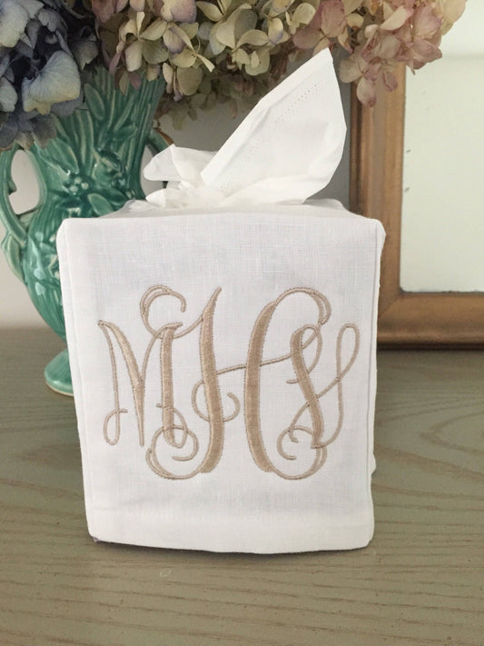 Monogrammed Tissue Box Cover Linen, Vine Monogram