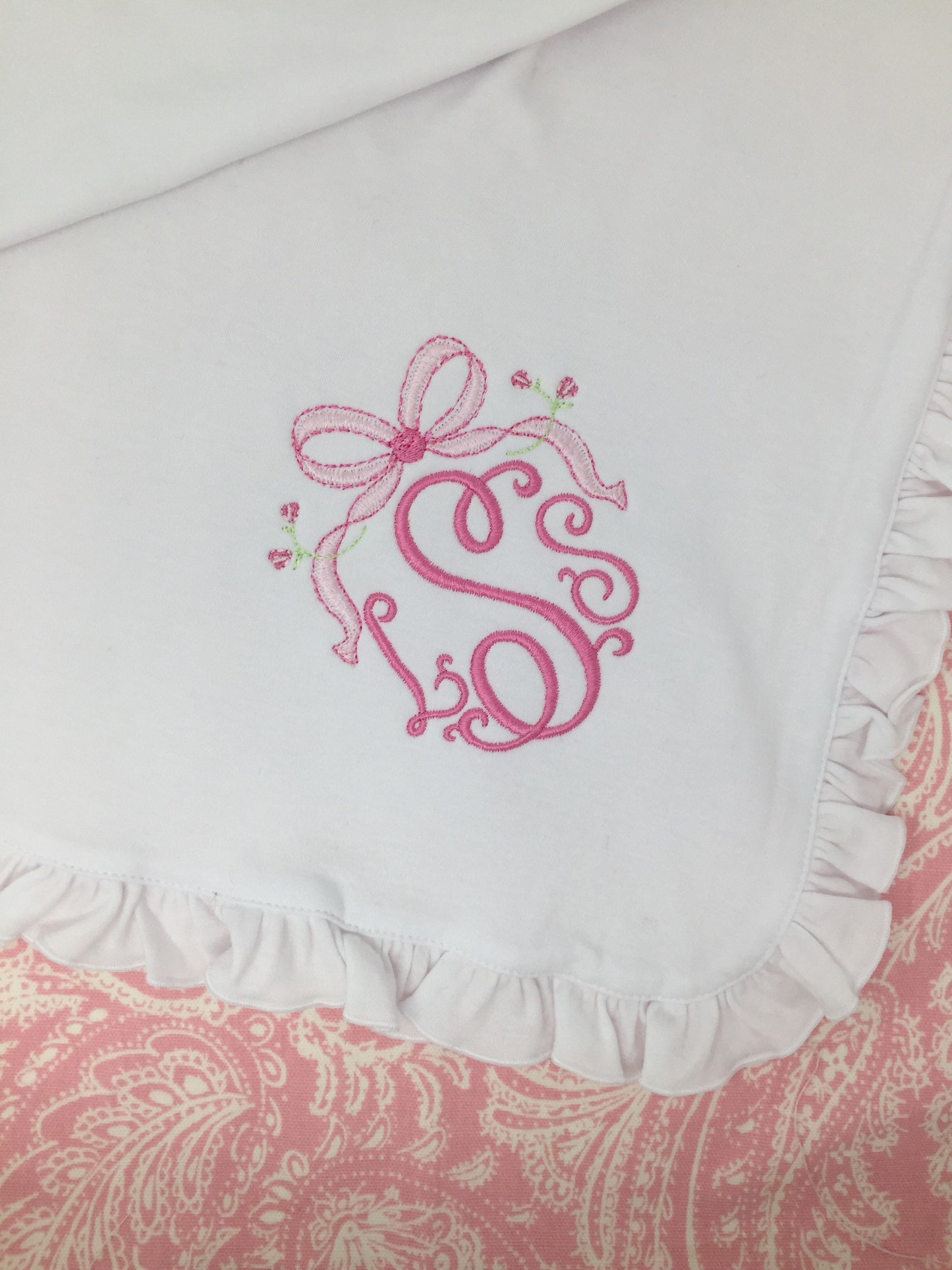 Monogrammed Baby Blanket, Vintage bow, personalized baby gift, baby shower gift
