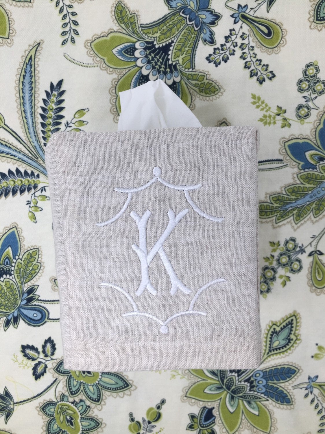 Monogrammed Tissue Box Cover Linen-Temple Monogram, monogrammed gift-personalized gift-hostess gift