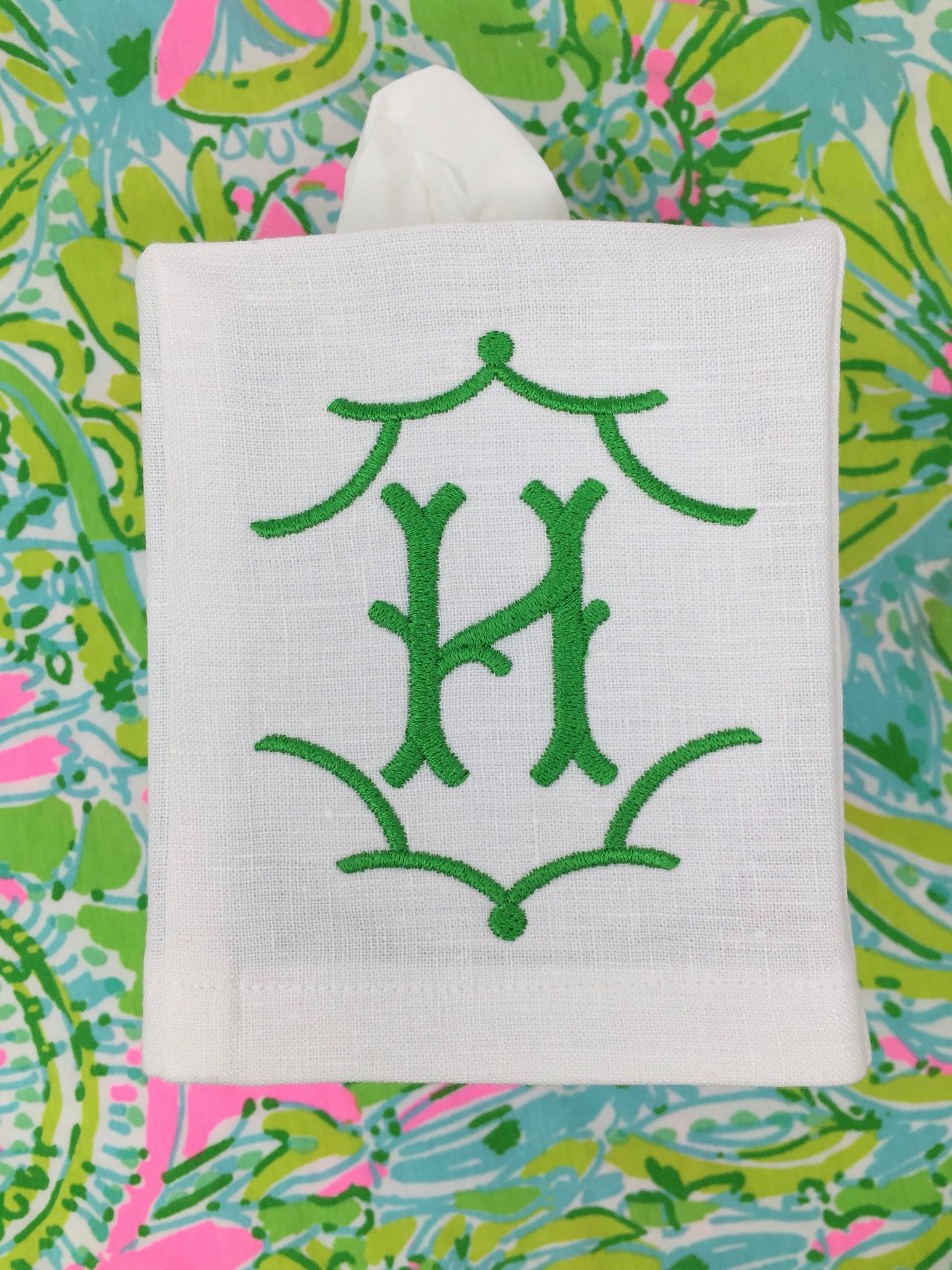 Monogrammed Tissue Box Cover Linen-Temple Monogram, monogrammed gift-personalized gift-hostess gift