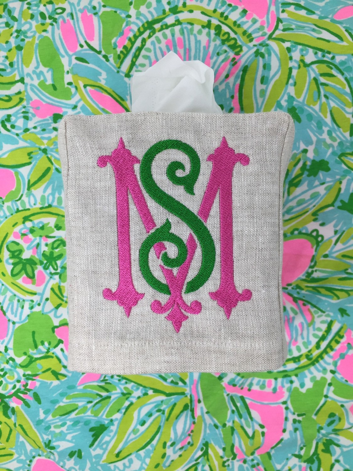 Monogrammed Tissue Box Cover- 2 Letter Heirloom monogram, monogrammed gift-personalized gift-hostess gift