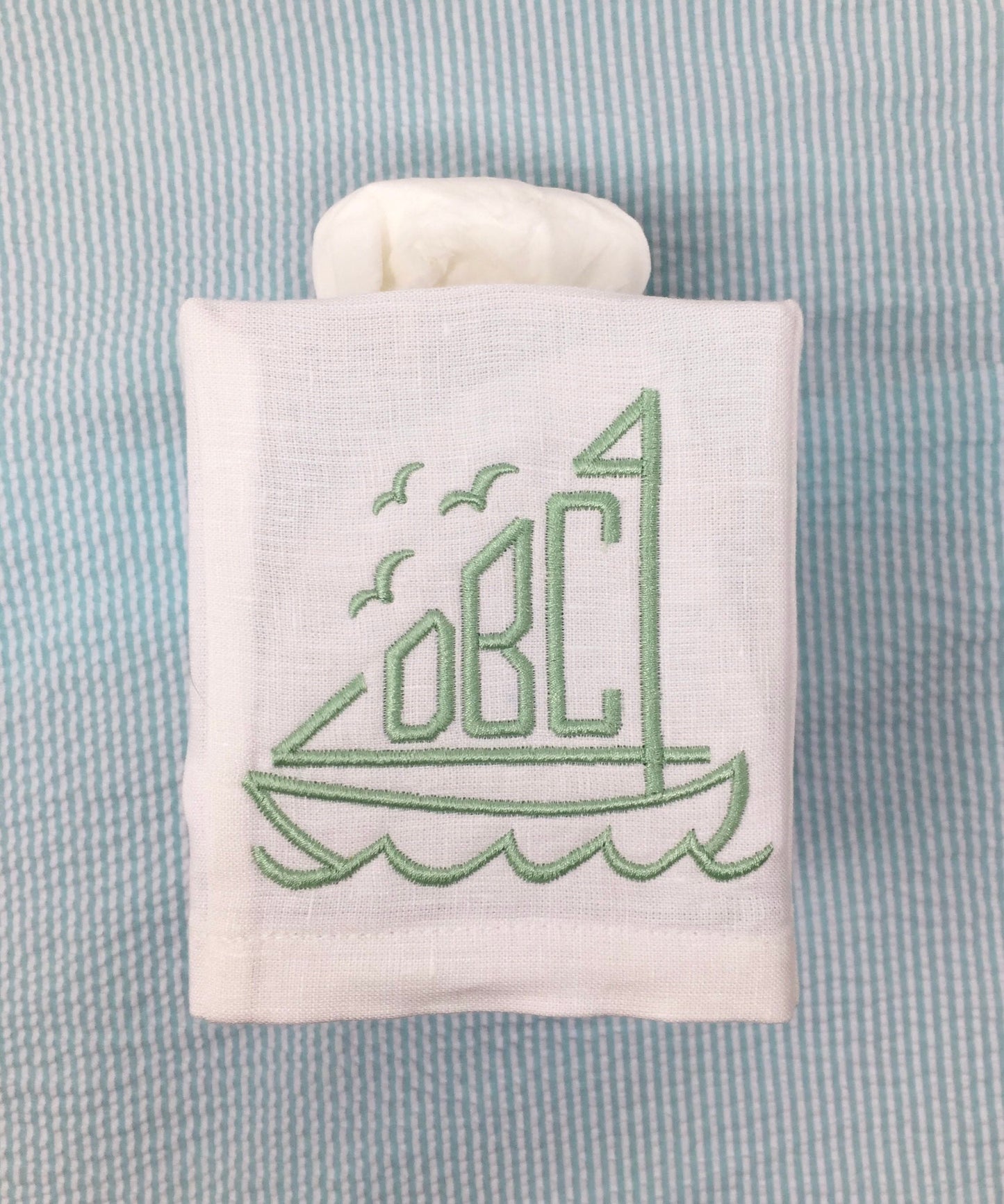 Monogrammed Tissue Box Cover-Sailboat monogram, baby gift-personalized gift