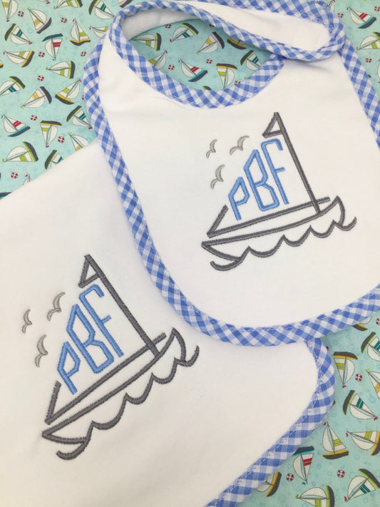 Sailboat Bib and Burp Cloth set-monogrammed baby gift, baby shower gift
