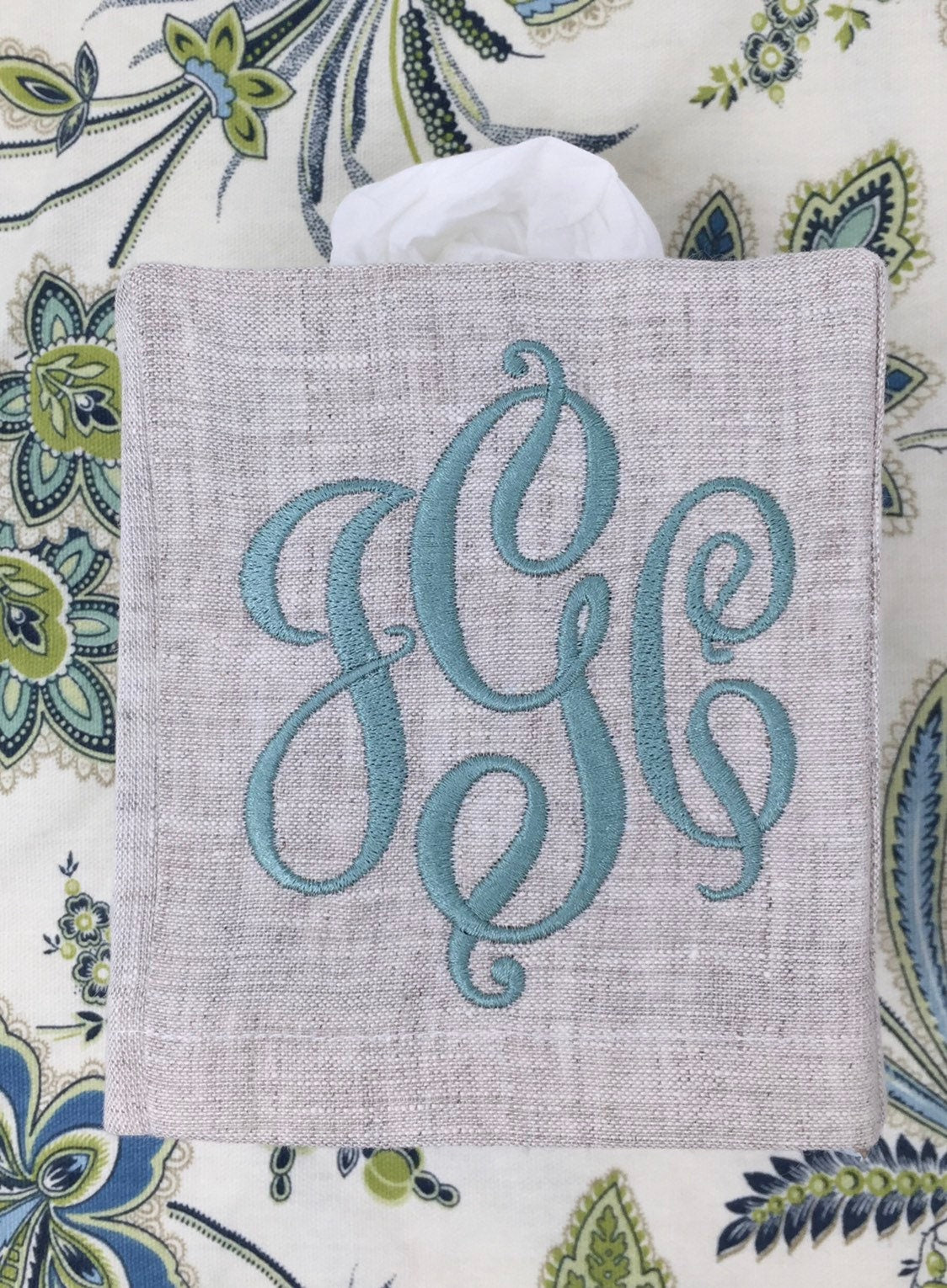 Monogrammed Tissue Box Cover Linen-Victor Monogram, monogrammed gift-personalized gift-hostess gift