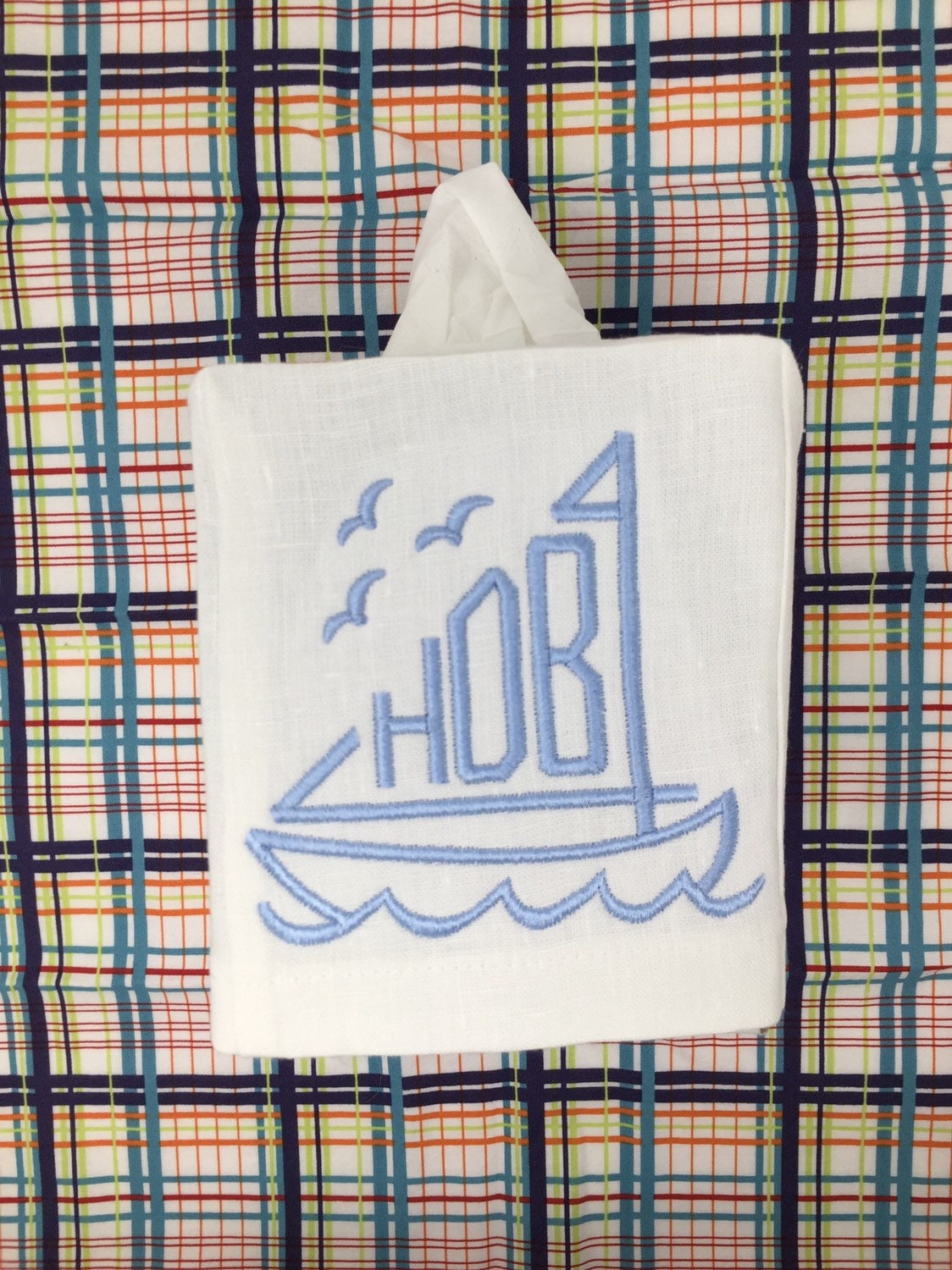 Monogrammed Tissue Box Cover-Sailboat monogram, baby gift-personalized gift