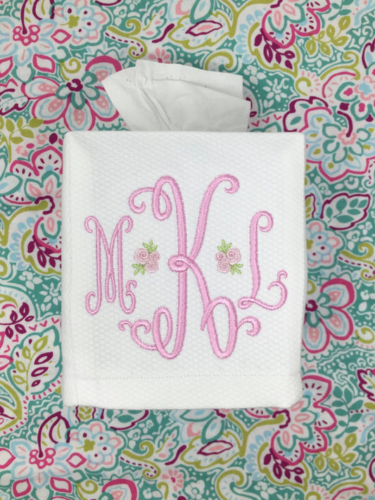 Monogrammed Linen Tissue Box Cover Rosebud Monogram