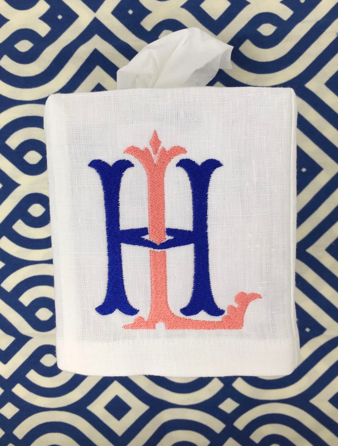 Monogrammed Tissue Box Cover- 2 Letter Heirloom monogram, monogrammed gift-personalized gift-hostess gift