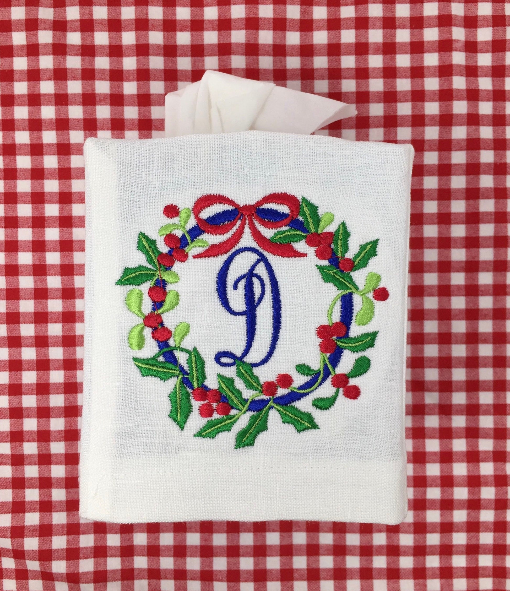 Monogrammed Tissue Box Cover Linen, Holly Wreath Initial, monogrammed gift-personalized gift-hostess gift, Christmas