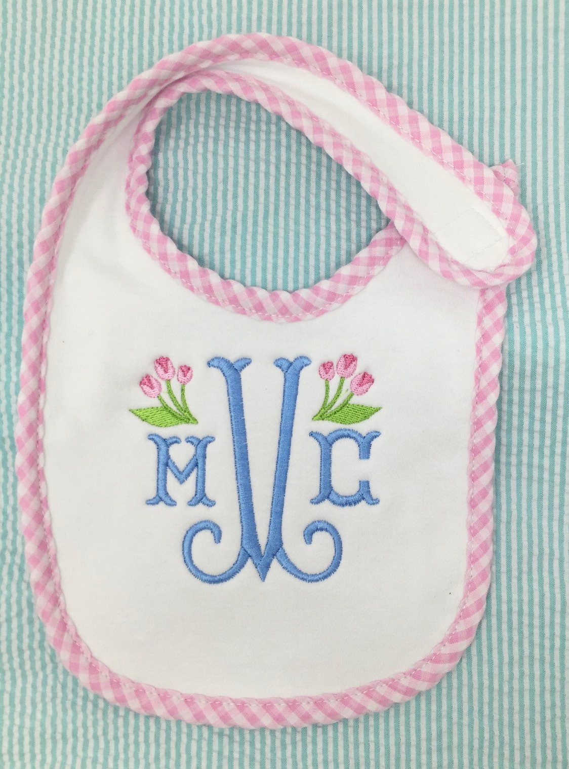 Monogrammed Baby Bib with Tulips, baby shower gift, personalized baby gift