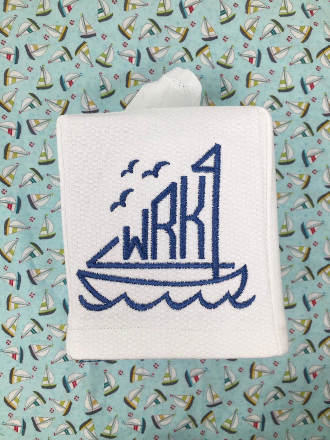 Monogrammed Tissue Box Cover-Sailboat monogram, baby gift-personalized gift