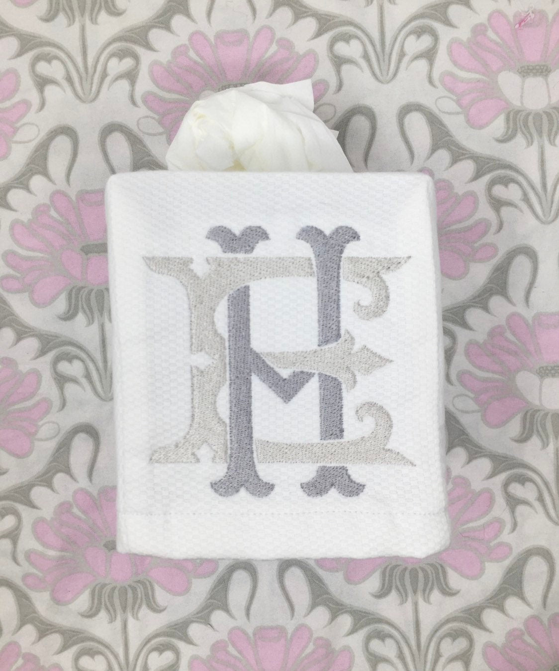 Monogrammed Tissue Box Cover- 2 Letter Heirloom monogram, monogrammed gift-personalized gift-hostess gift