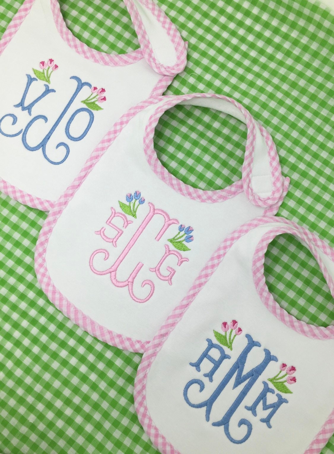 Monogrammed Baby Bib with Tulips, baby shower gift, personalized baby gift