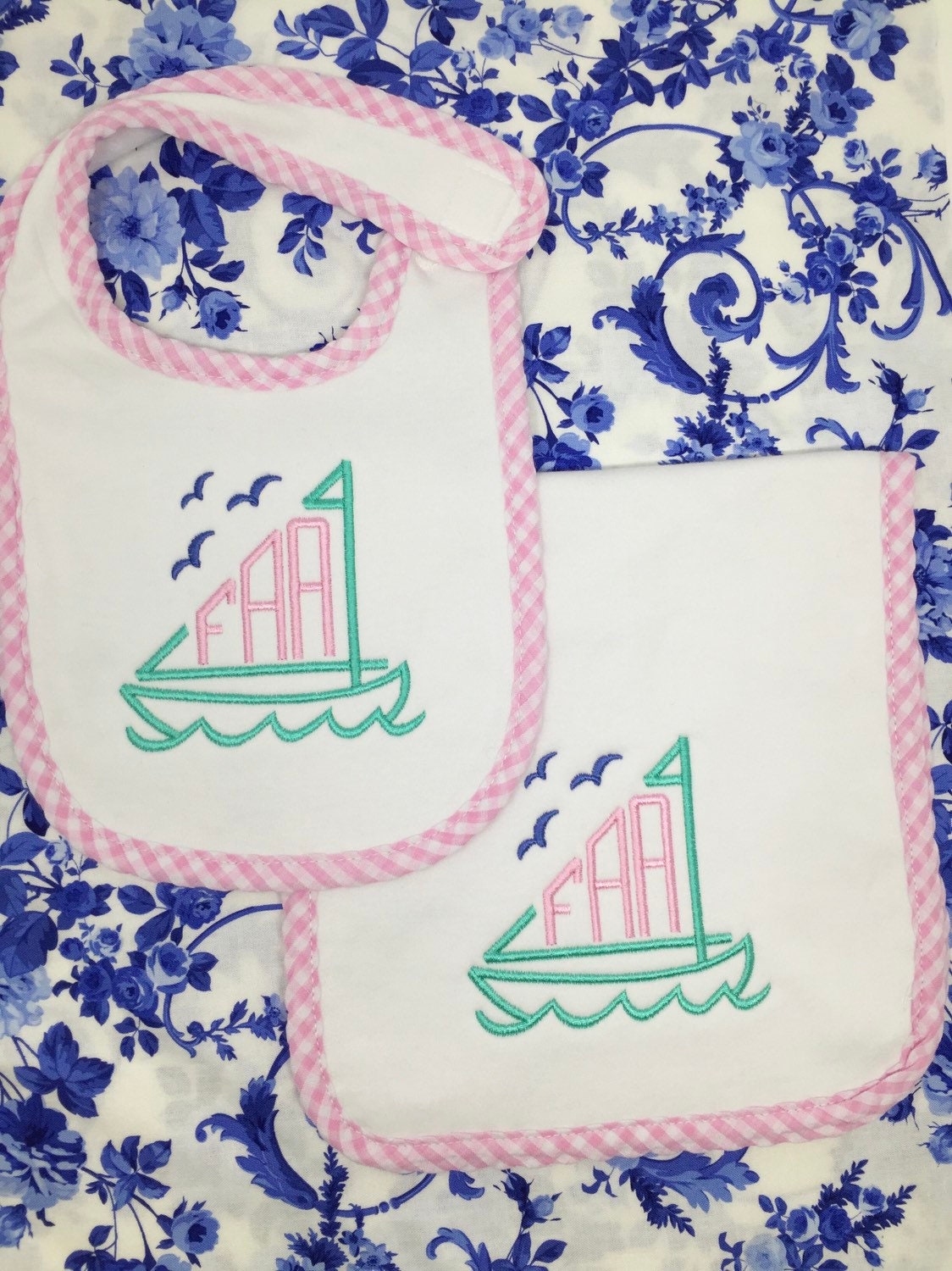 Sailboat Bib and Burp Cloth set-monogrammed baby gift, baby shower gift