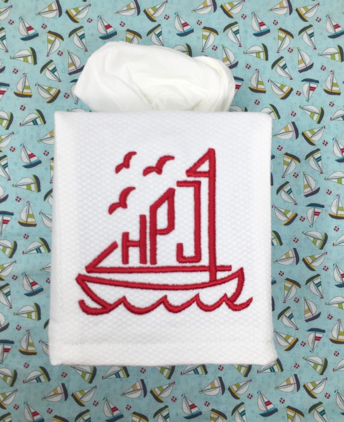 Monogrammed Tissue Box Cover-Sailboat monogram, baby gift-personalized gift