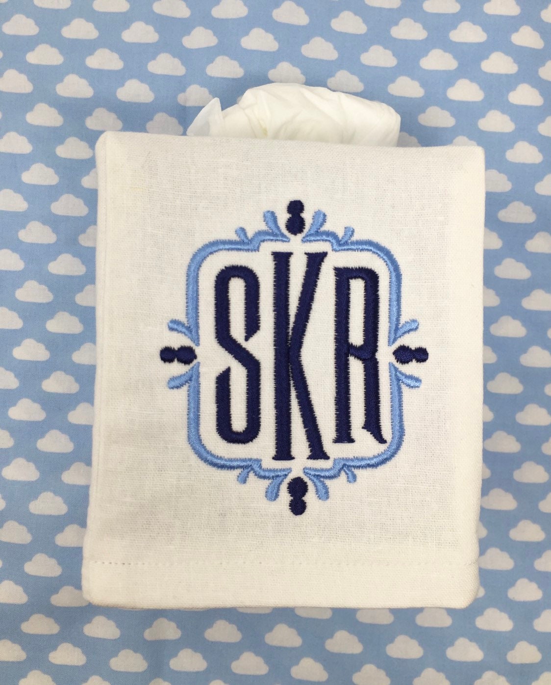 Monogrammed Tissue Box Cover- Mansion monogram, monogrammed gift-personalized gift-hostess gift