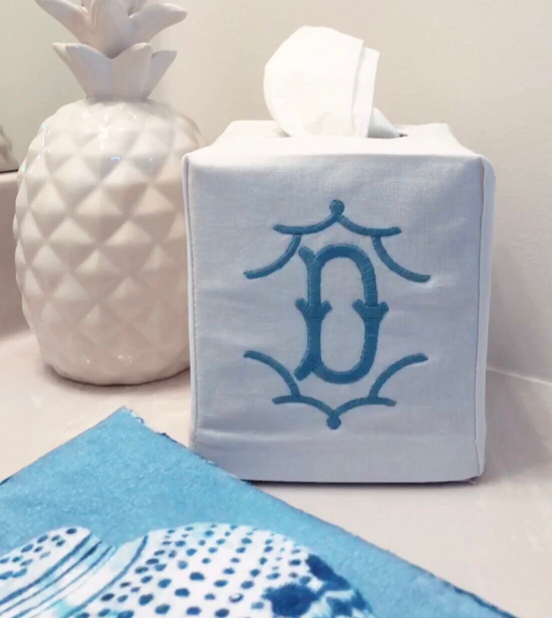 Monogrammed Tissue Box Cover Linen-Temple Monogram, monogrammed gift-personalized gift-hostess gift