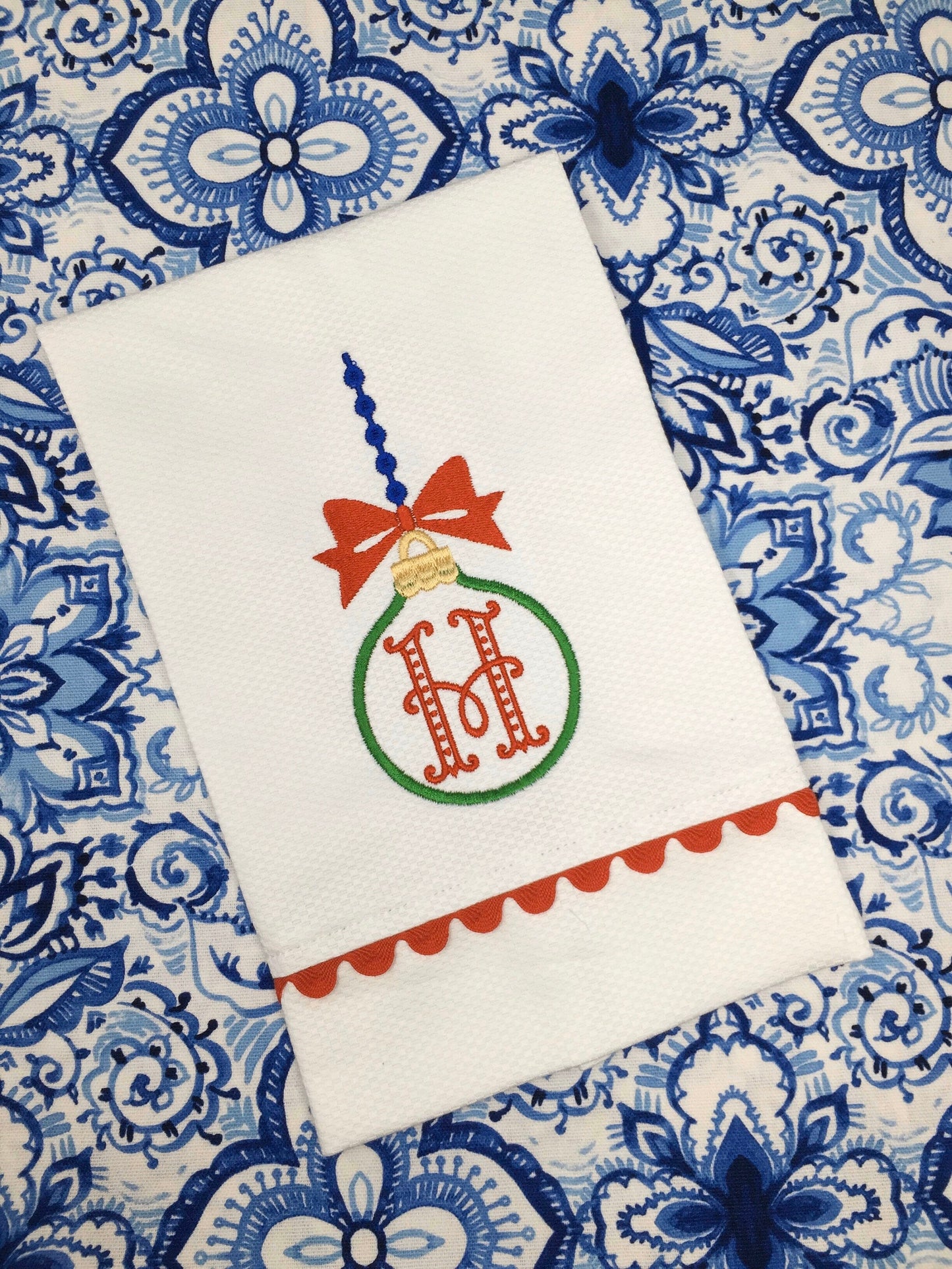 Monogrammed Ornament Pique Tea Towel, Hostess Gift, monogrammed linens, linen handtowel, Christmas gift