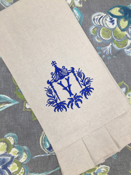 Monogrammed Linen Ruffled Handtowel, Personalized Handtowel Pagoda Initial, Hostess Gift