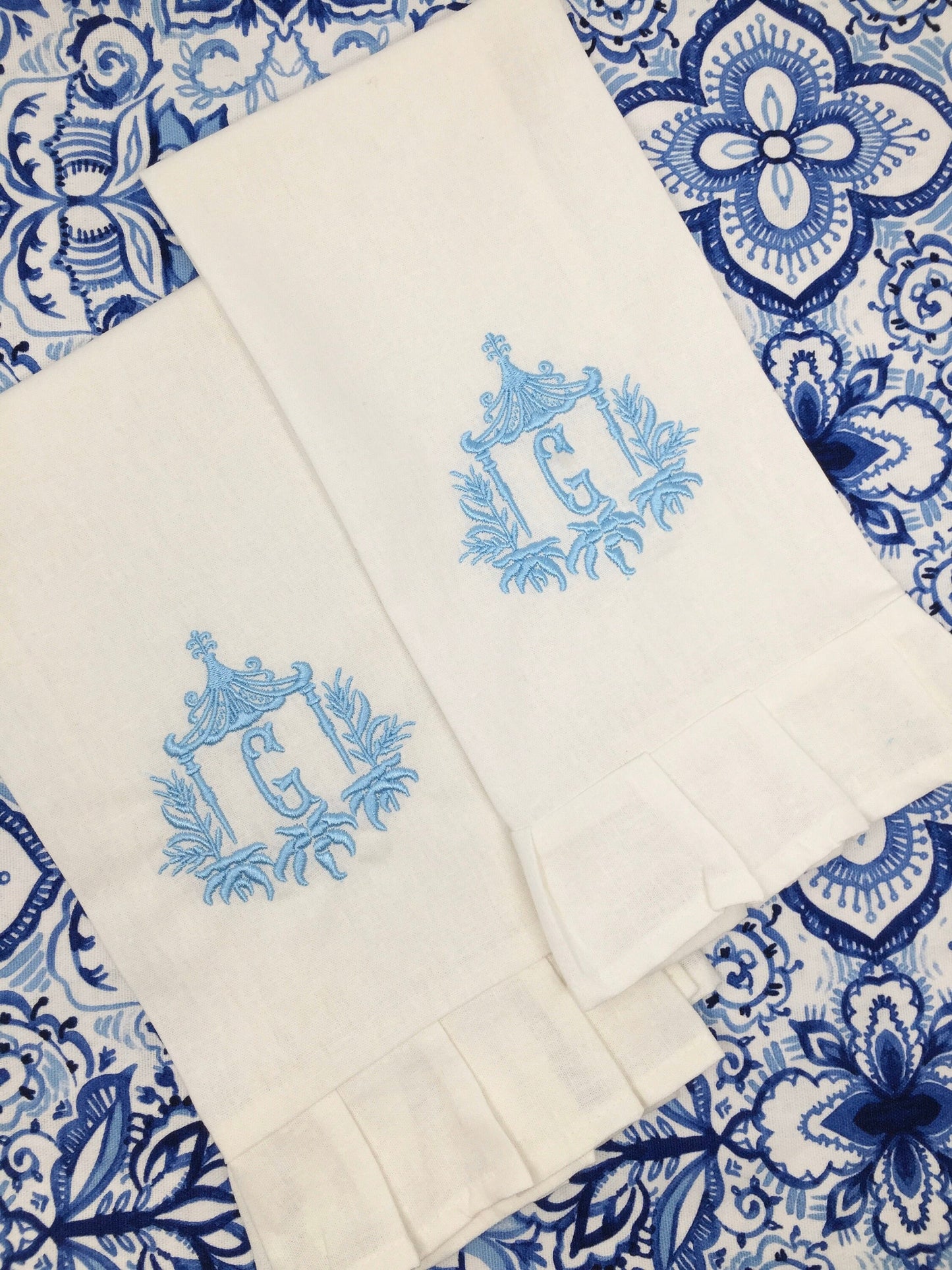 Monogrammed Linen Ruffled Handtowel, Personalized Handtowel Pagoda Initial, Hostess Gift