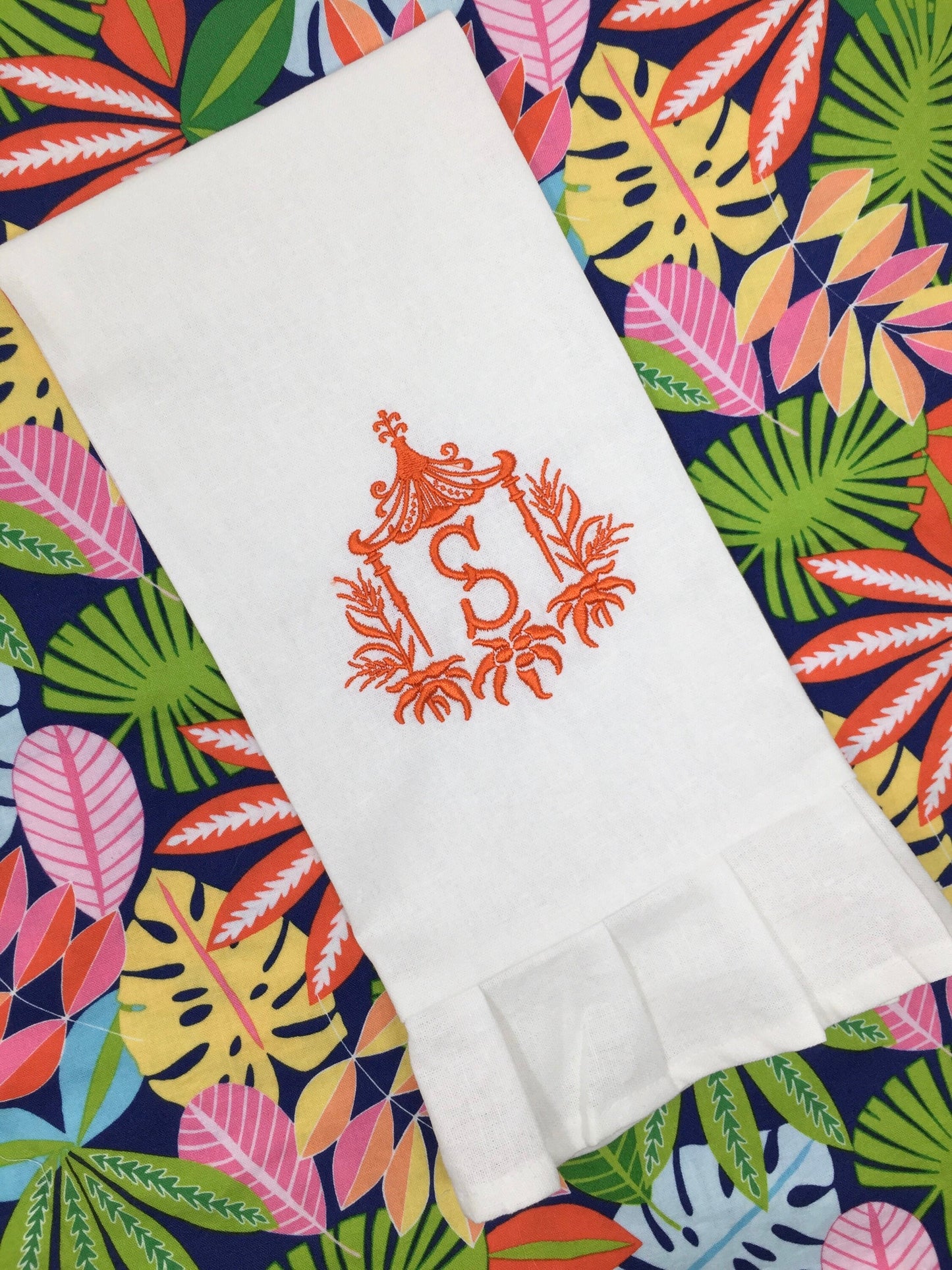 Monogrammed Linen Ruffled Handtowel, Personalized Handtowel Pagoda Initial, Hostess Gift