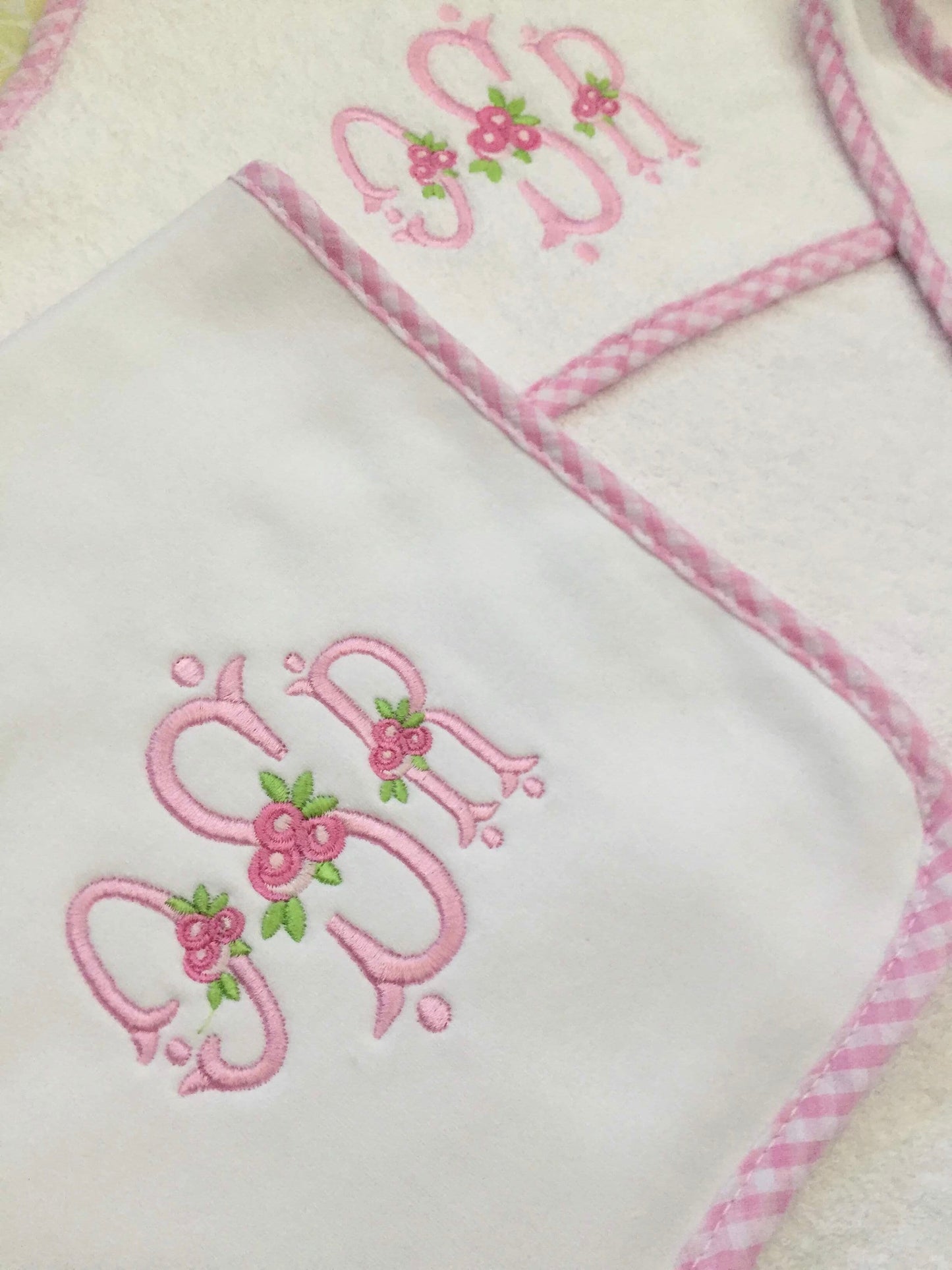 Monogrammed Rosie Towel, Bib, Burp Cloth set-monogrammed baby gift, baby shower gift
