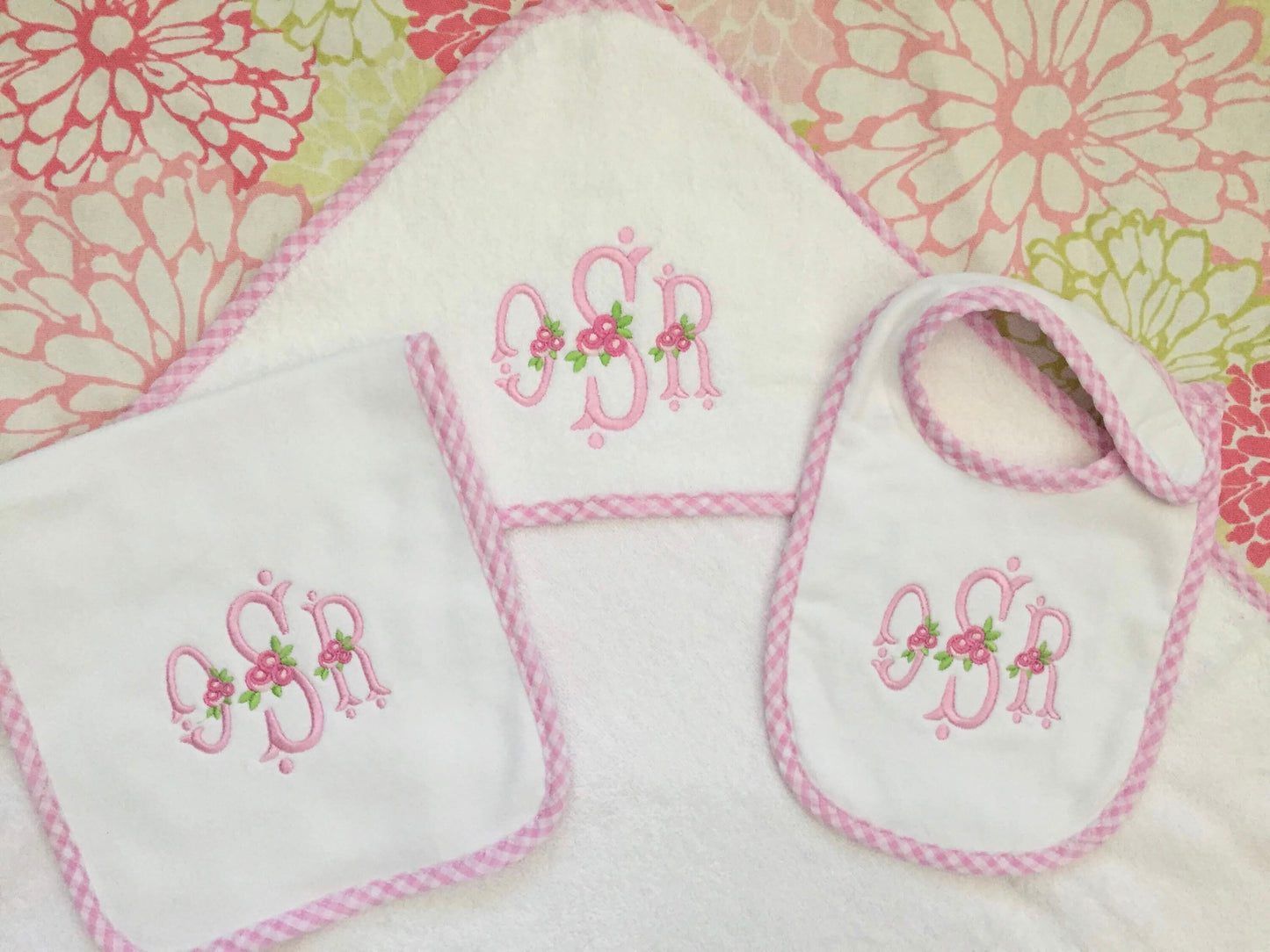 Monogrammed Rosie Towel, Bib, Burp Cloth set-monogrammed baby gift, baby shower gift