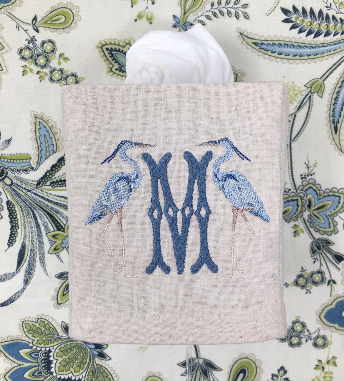 Monogrammed Tissue Box Cover Linen, Heron Initial-monogrammed gift-personalized gift-hostess gift