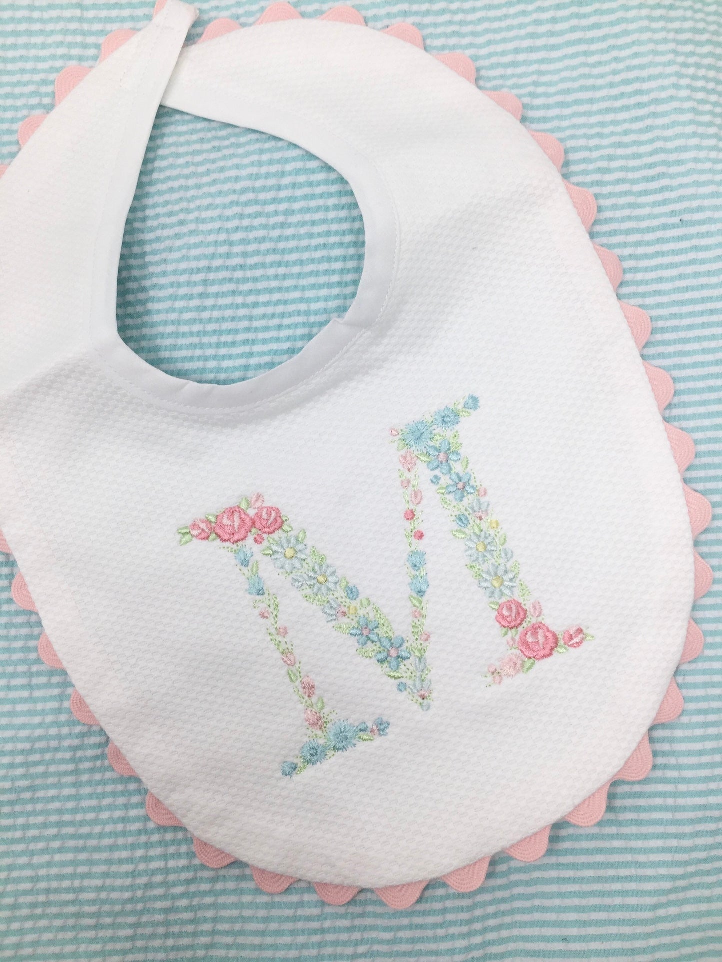 Monogrammed Bib with Ric Rac, Floral Initial, baby shower gift, personalized baby gift
