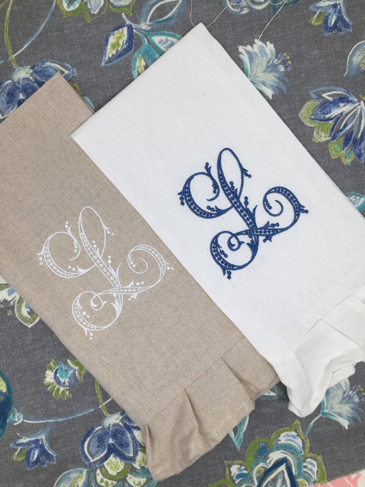 Monogrammed Linen Ruffled Handtowel, Personalized Handtowel Flourish initial, Hostess Gift