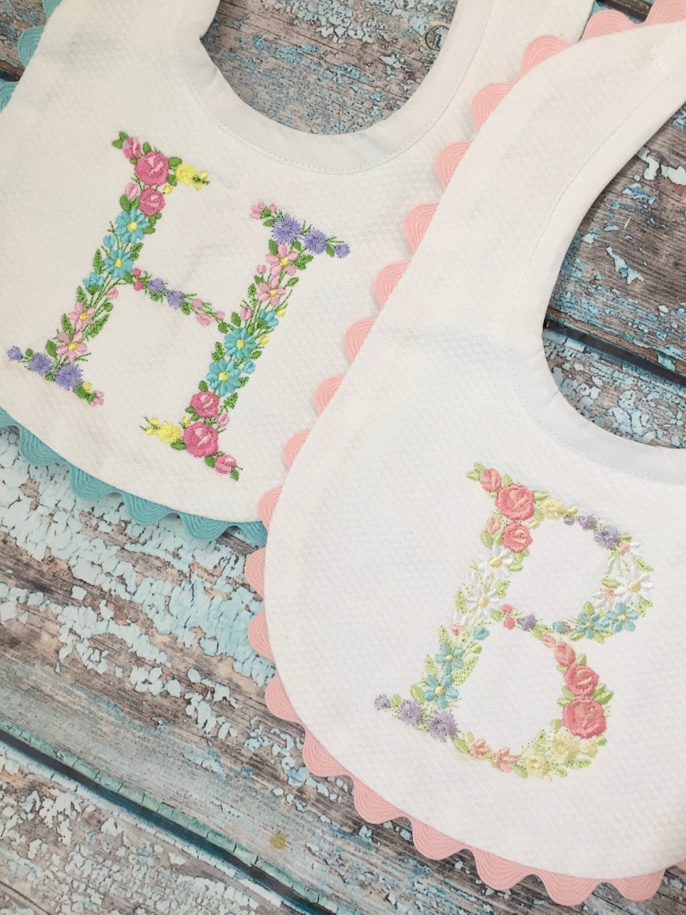 Monogrammed Bib with Ric Rac, Floral Initial, baby shower gift, personalized baby gift