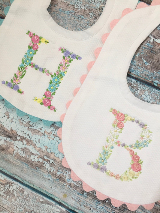 Monogrammed Bib with Ric Rac, Floral Initial, baby shower gift, personalized baby gift