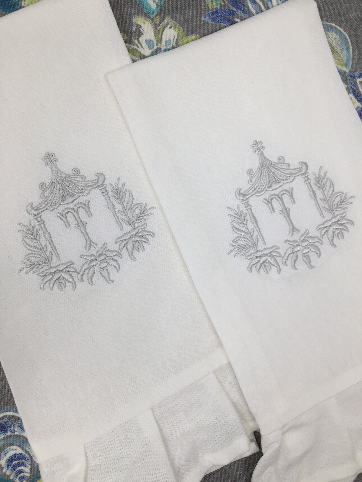 Monogrammed Linen Ruffled Handtowel, Personalized Handtowel Pagoda Initial, Hostess Gift