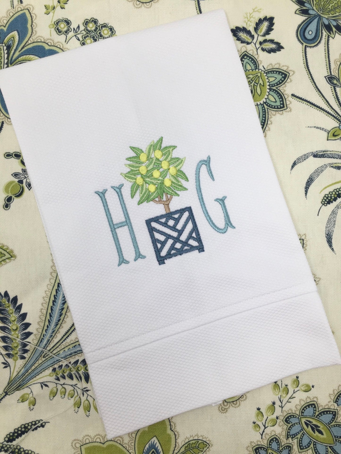 Monogrammed Cotton Pique Tea Towel, Topiary Initials-Hostess Gift, monogrammed linens, personalized gift
