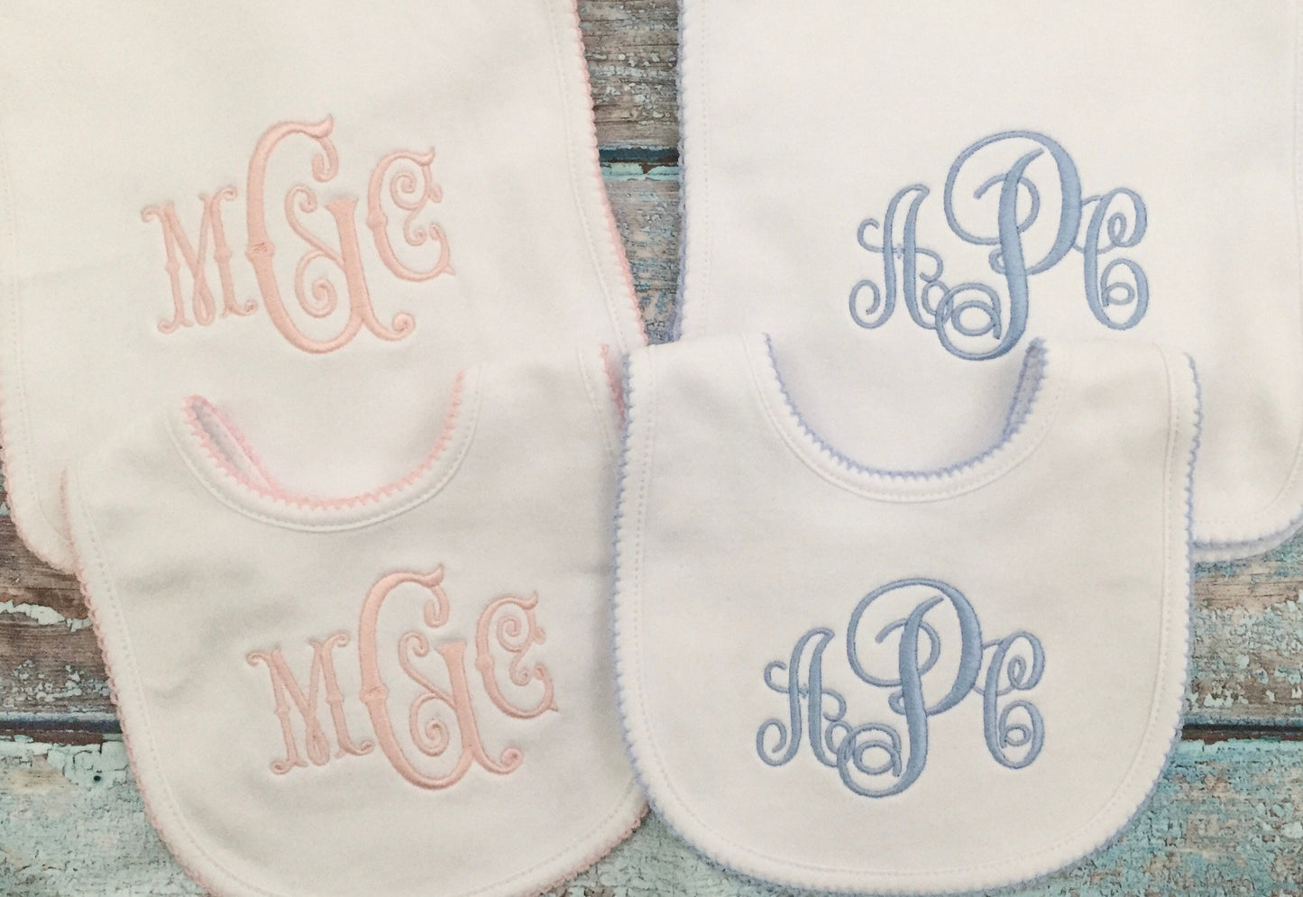 Monogrammed Bib and Burp Cloth Picot Trim set-monogrammed baby gift, baby shower gift