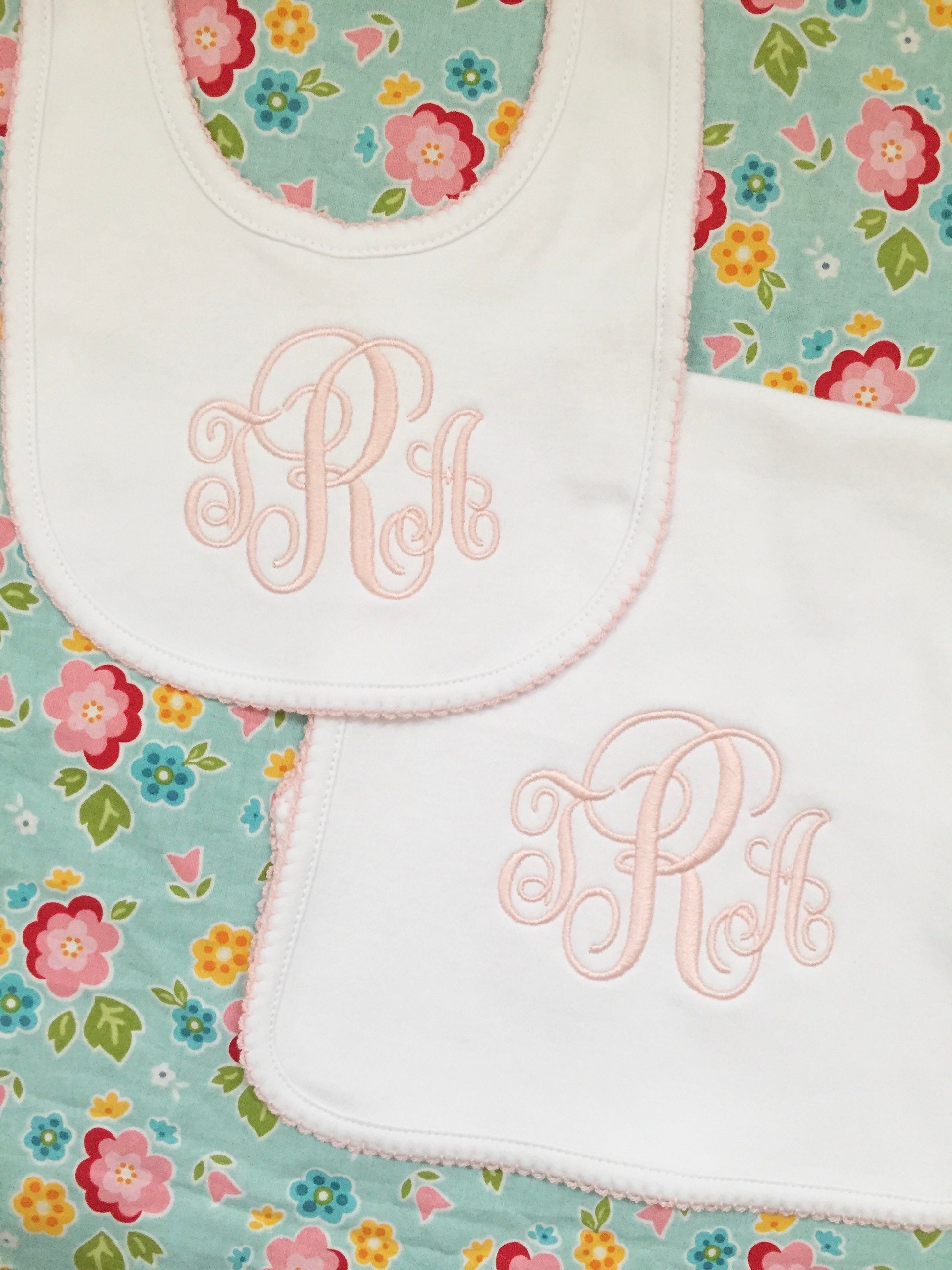 Monogrammed Bib and Burp Cloth Picot Trim set-monogrammed baby gift, baby shower gift