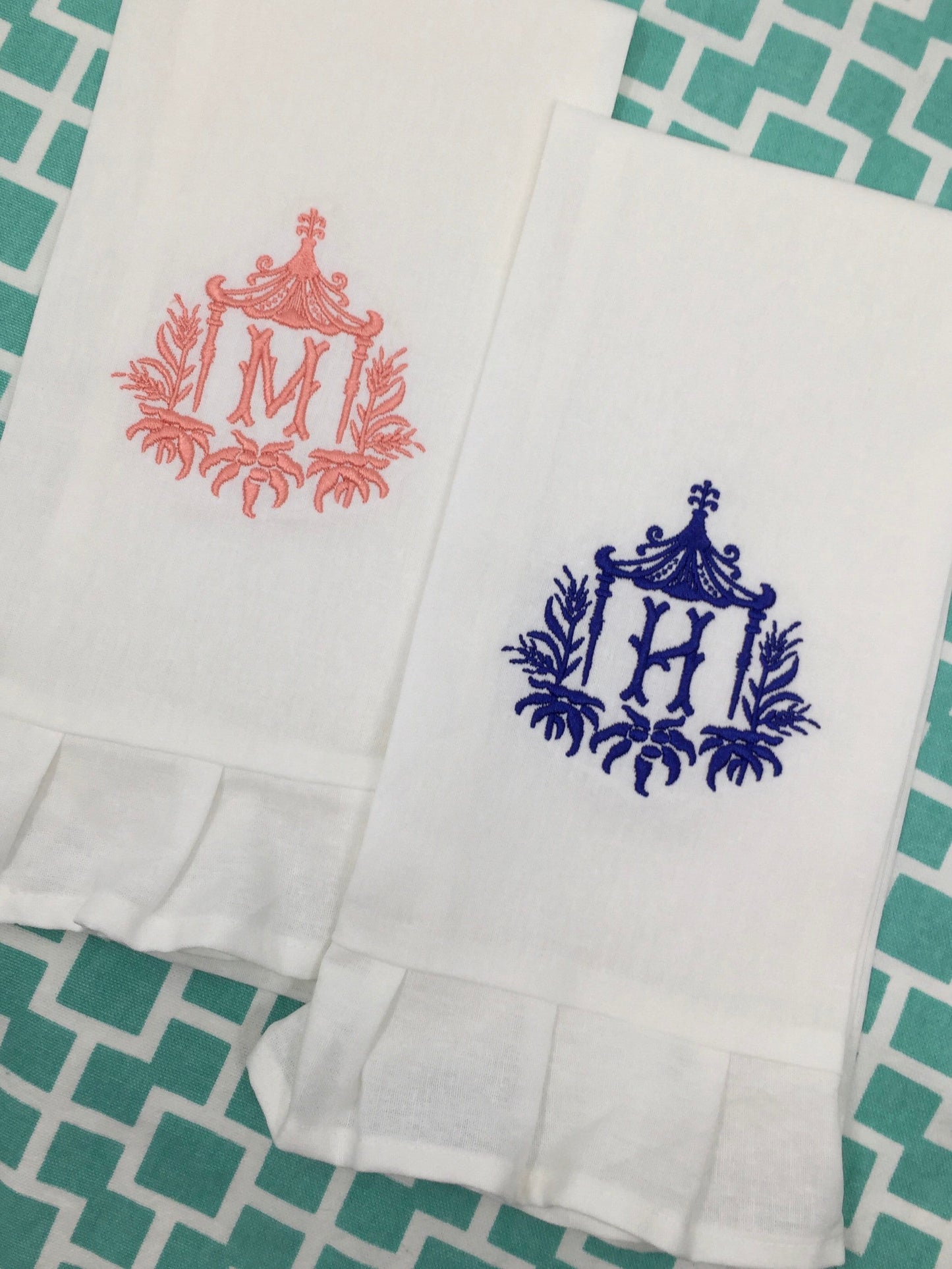 Monogrammed Linen Ruffled Handtowel, Personalized Handtowel Pagoda Initial, Hostess Gift