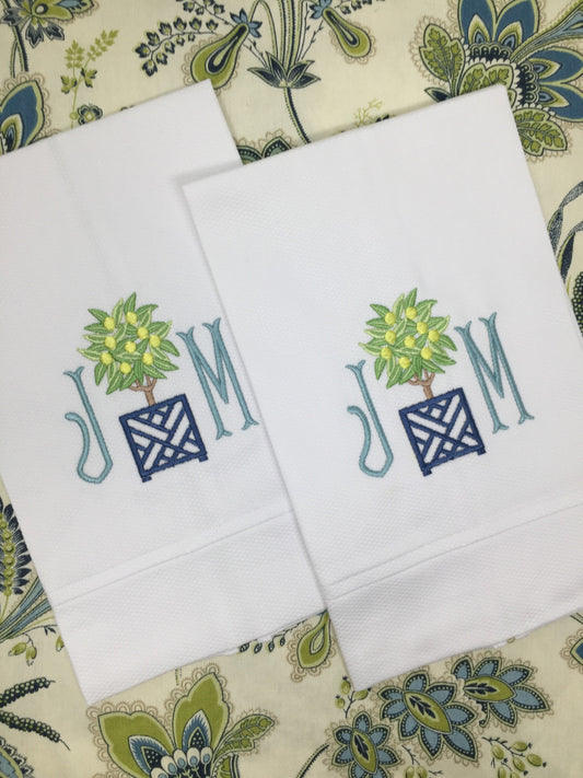 Monogrammed Cotton Pique Tea Towel, Topiary Initials-Hostess Gift, monogrammed linens, personalized gift