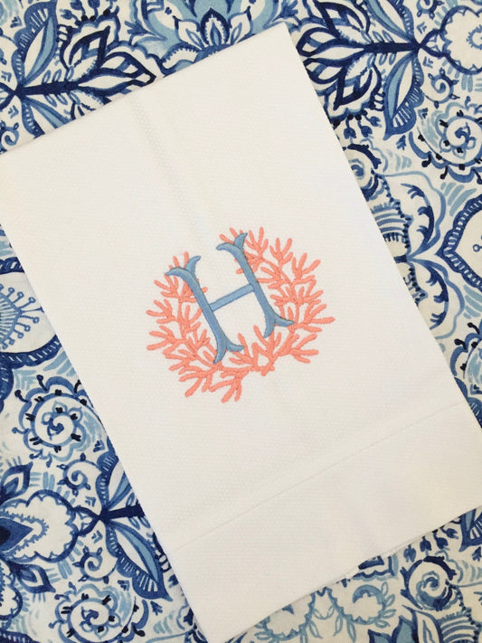 Monogrammed Cotton Pique Tea Towel, Coral initial-Hostess Gift, monogrammed linens, personalized gift