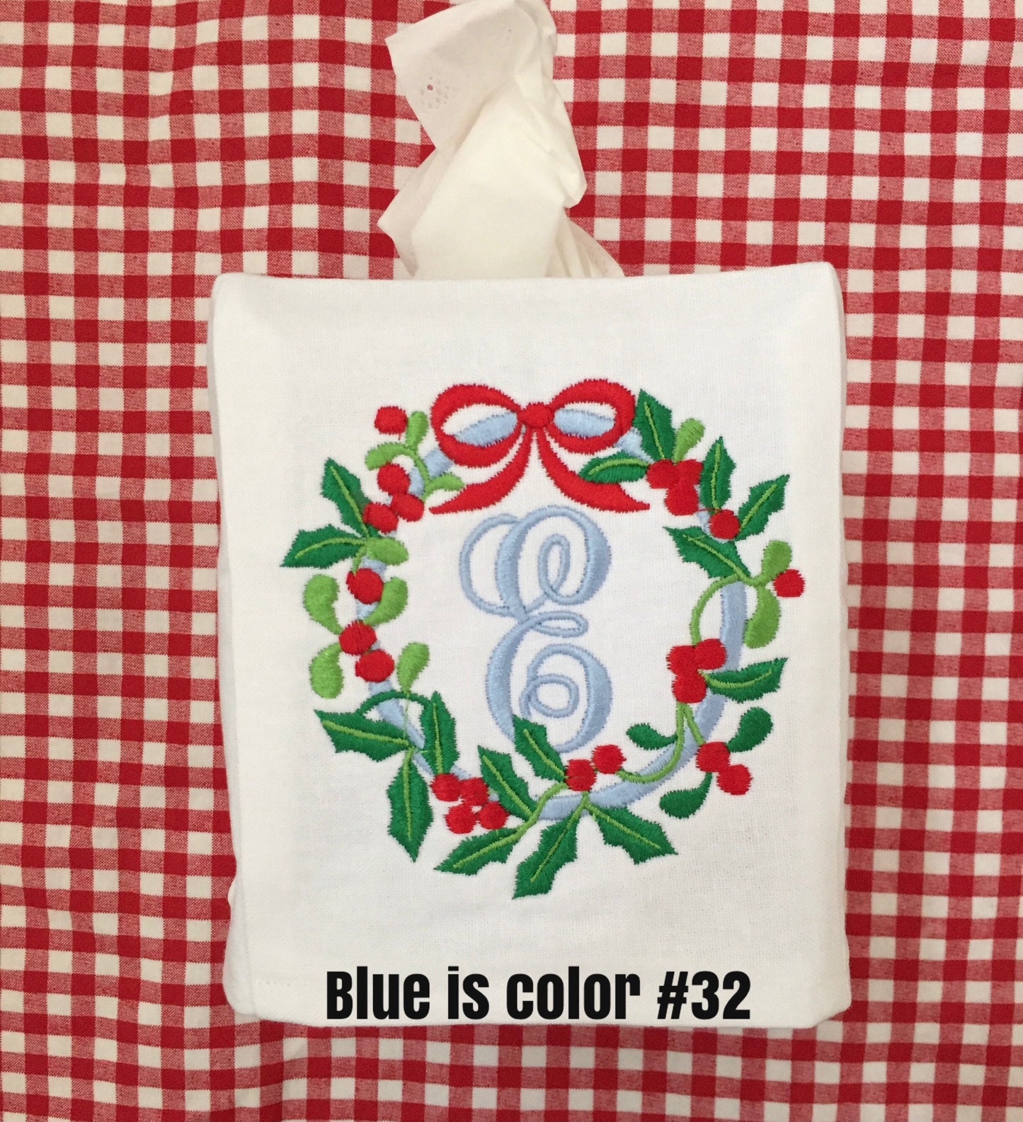 Monogrammed Tissue Box Cover Linen, Holly Wreath Initial, monogrammed gift-personalized gift-hostess gift, Christmas