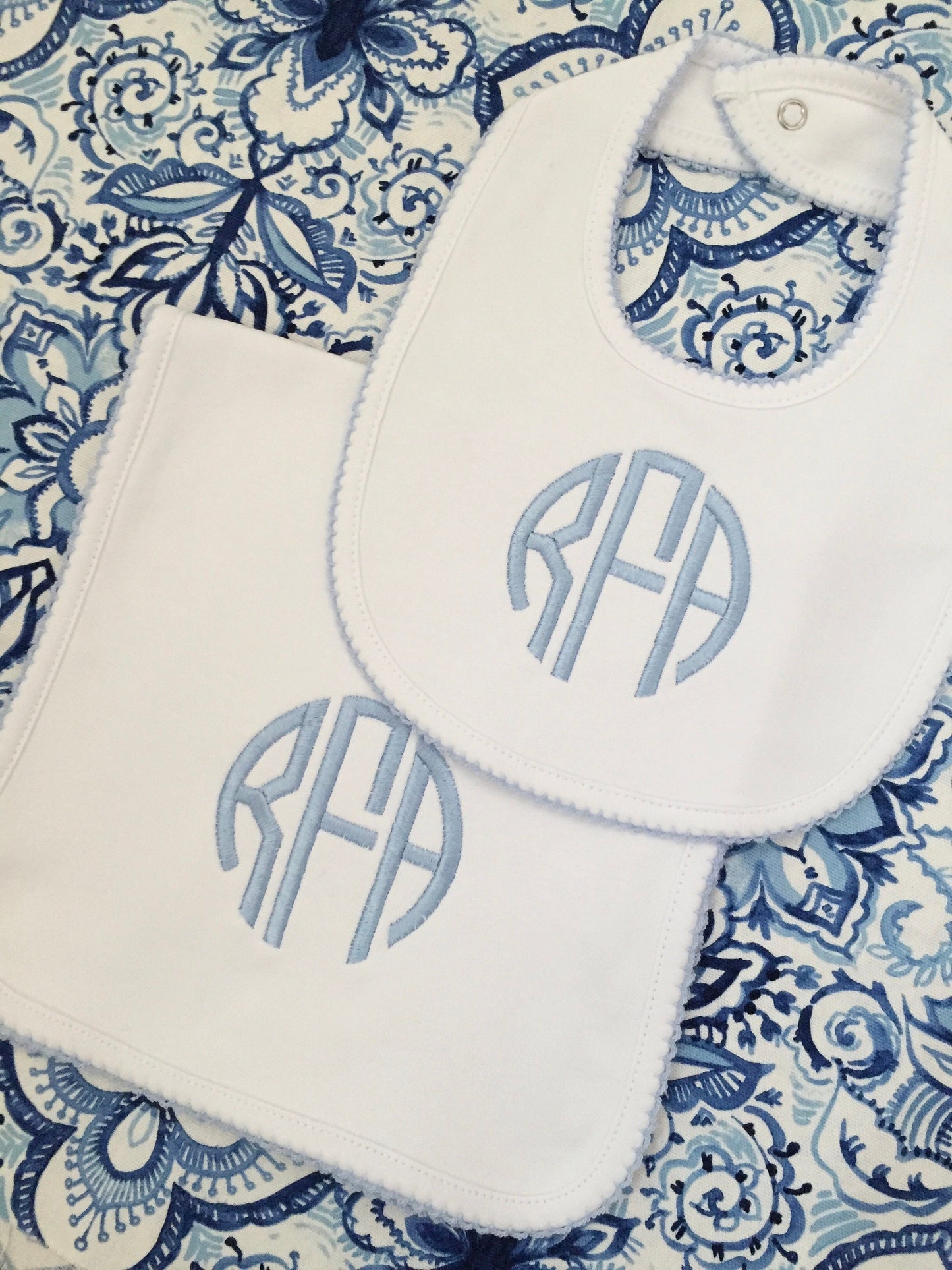 Monogrammed Bib and Burp Cloth Picot Trim set-monogrammed baby gift, baby shower gift