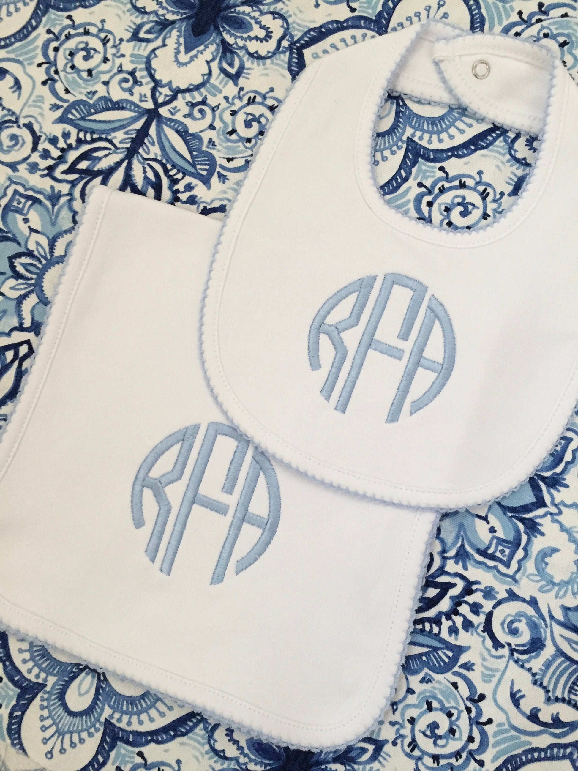 Monogrammed Bib and Burp Cloth Picot Trim set-monogrammed baby gift, baby shower gift